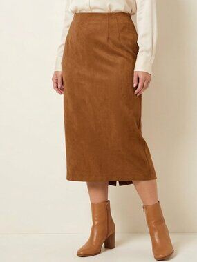 Vintage Brown Tan Faux Suede Moleskin Pencil Column Midi Maxi Skirt 14P Gilmore